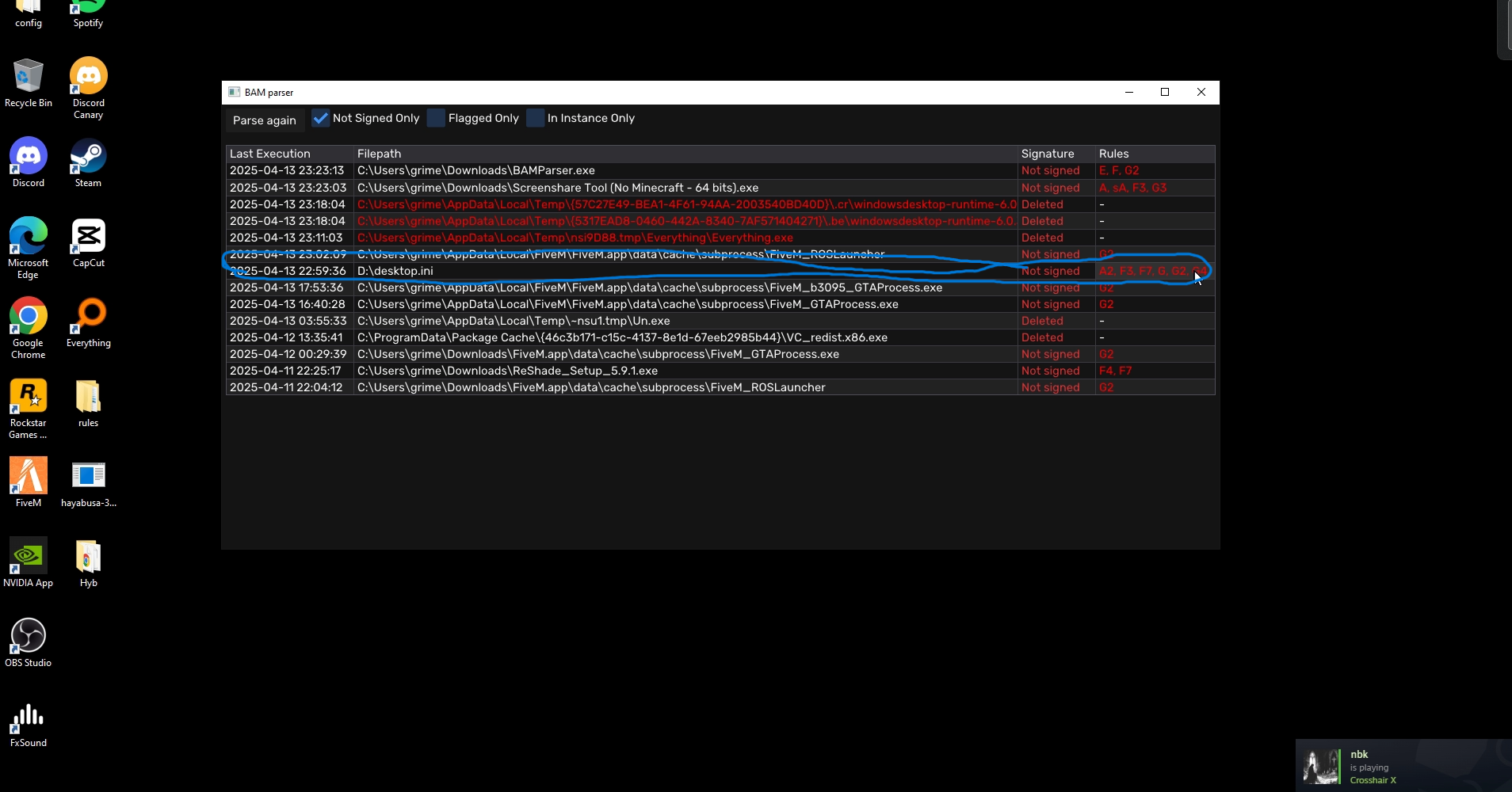 BAM parser showing the Revenge bypass execution entry